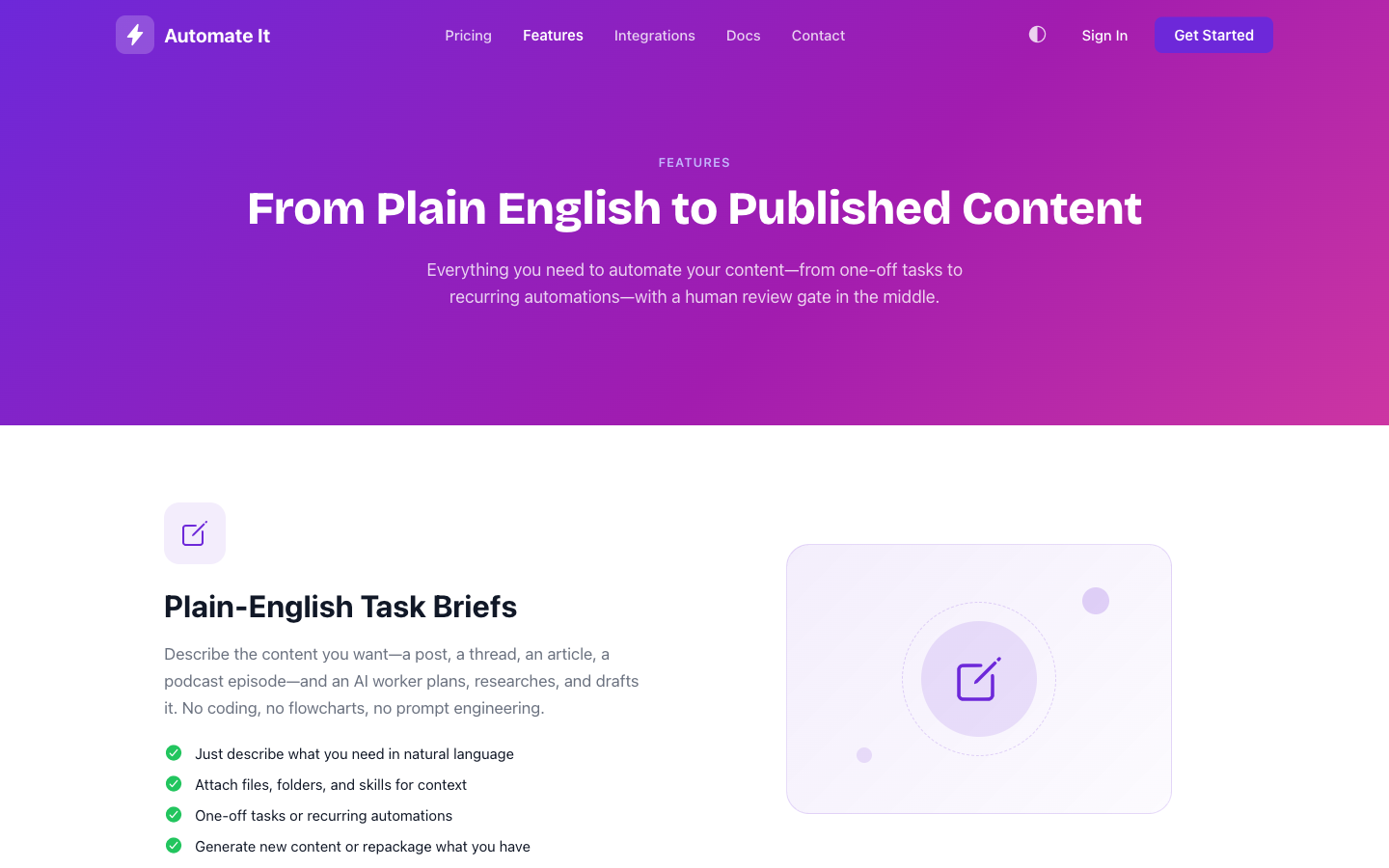 Automate It features — AI content generation, review gate, publishing
